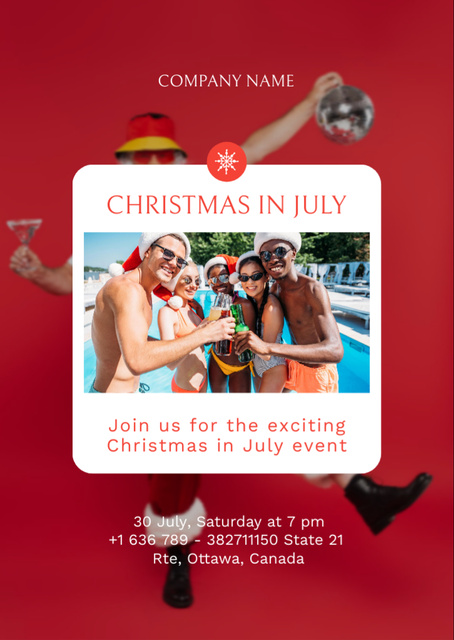 Lively Christmas Party in July with Bunch of Young People in Pool Flyer A6 Design Template