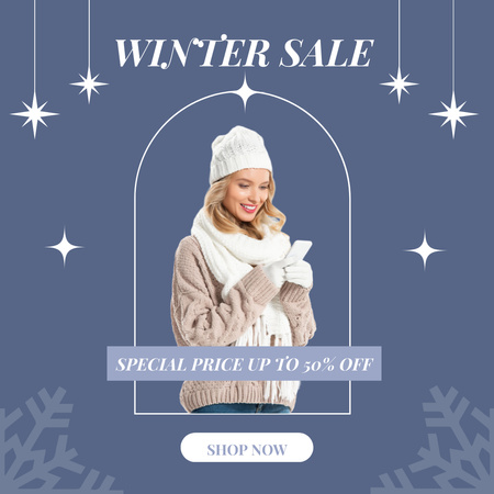 Winter Sale Announcement with Young Attractive Blonde Woman Instagram Design Template