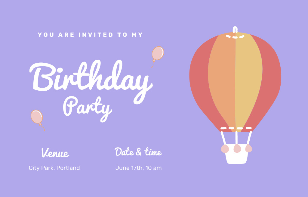 Birthday Party Announcement With Hot Air Balloon Illustration Invitation 4.6x7.2in Horizontal Tasarım Şablonu