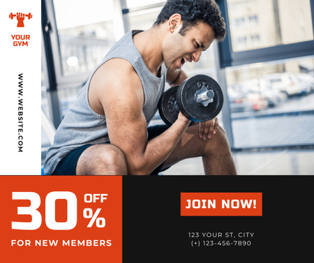 Gym Promotion with Man Exercising Biceps Facebook Design Template