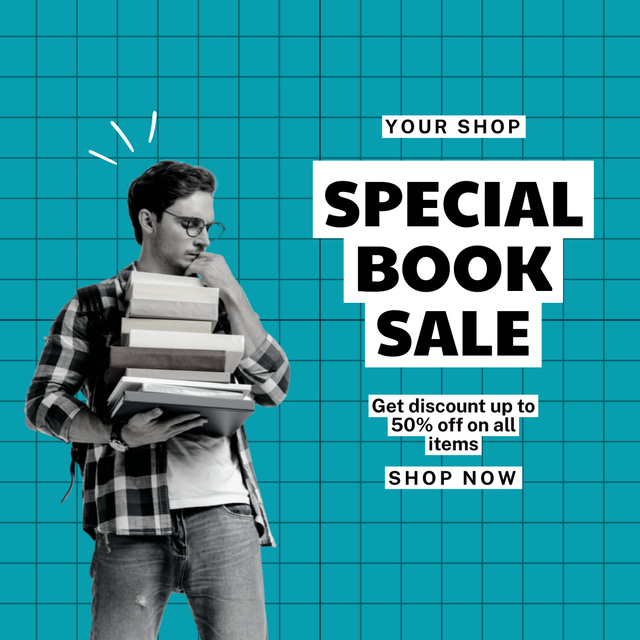 Book Special Sale Announcement with Young Guy with Glasses Instagram Modelo de Design