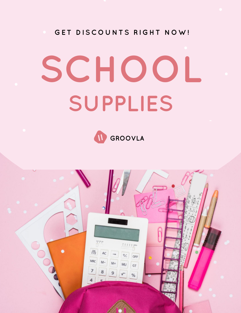 School Supplies Sale Ad on Pink Flyer 8.5x11in Design Template