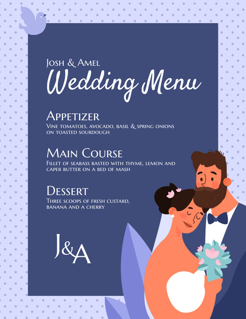 Cartoon Couple on Violet Wedding Dishes List Menu 8.5x11in Design Template
