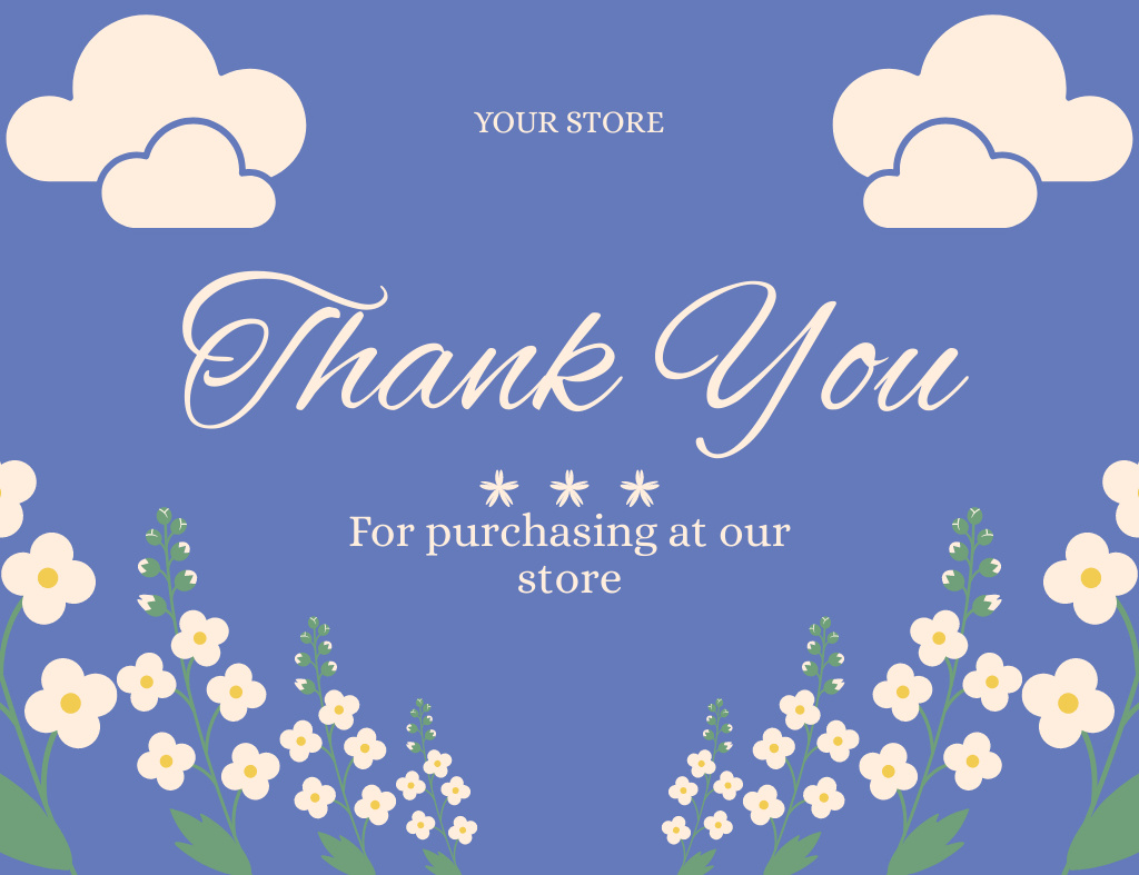 Thanks for Choosing Our Products Message with Flowers and Clouds on Blue Thank You Card 5.5x4in Horizontal Tasarım Şablonu