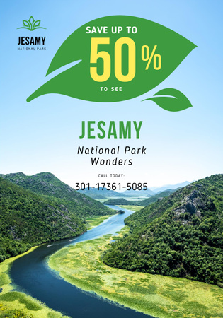 National Park Tour Offer with Forest and Mountains Poster 28x40in Design Template