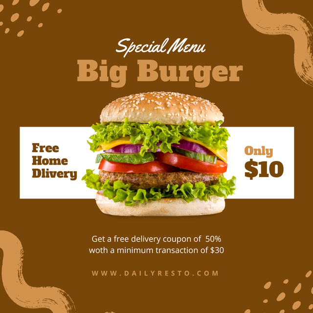 Burger Sale Offer with Free Delivery  Instagram Design Template