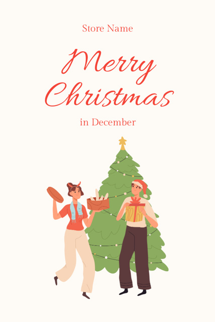 Ontwerpsjabloon van Postcard 4x6in Vertical van Warm Christmas Congrats with Illustrated Couple Smiling