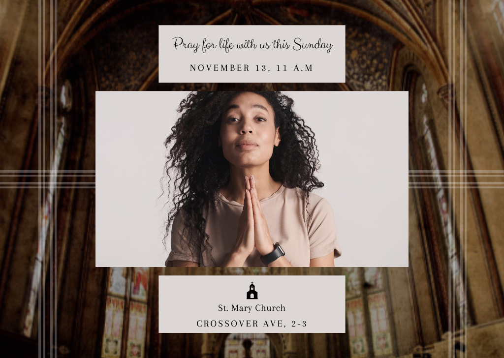 Church Invitation with Praying Beautiful Woman Flyer A6 Horizontal Modelo de Design
