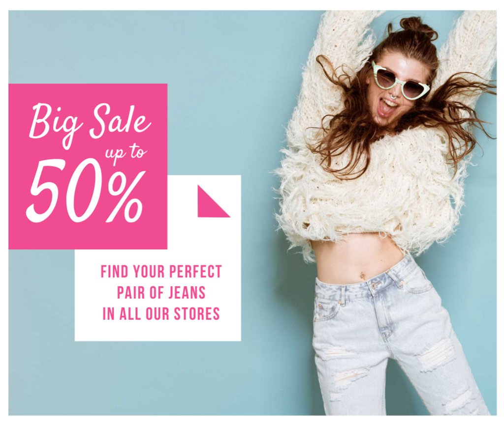 Jeans Sale Jumping Girl in Sunglasses Facebook Design Template