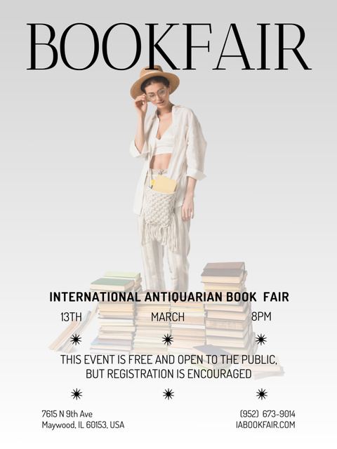 Book Fair Announcement with Woman in White Poster US Design Template