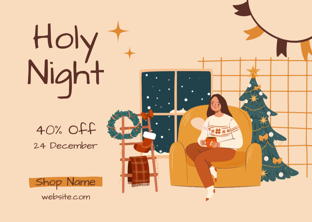 Ontwerpsjabloon van Postcard 5x7in van Christmas Holy Night Sale Offer With Woman in Cozy Home