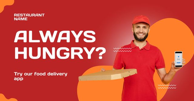 Food Delivery App Promotion wit Courier with Pizza Facebook AD Design Template