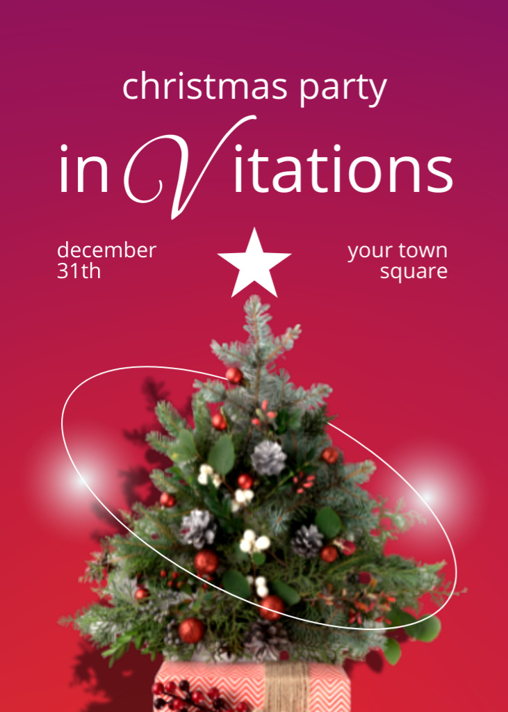 Christmas Celebration in Town with Tree and Present Invitation Modelo de Design