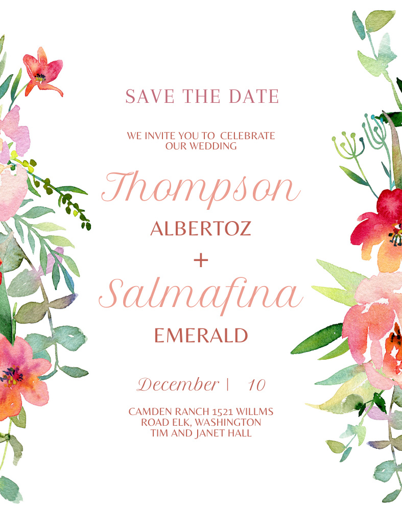Matrimonial Celebration Alert with Watercolor Flowers Invitation 13.9x10.7cm Design Template