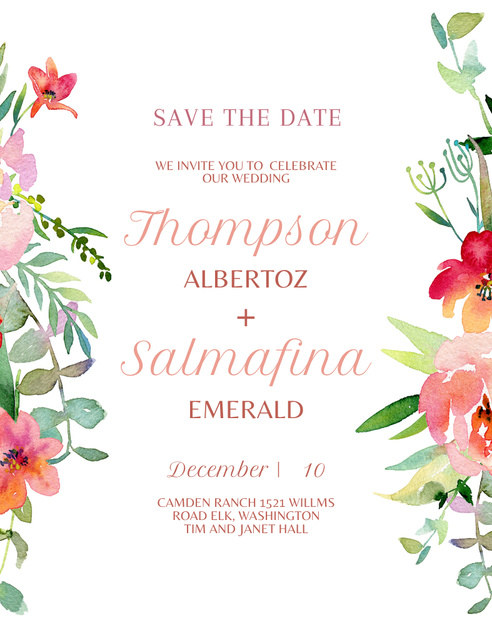 Ontwerpsjabloon van Invitation 13.9x10.7cm van Matrimonial Celebration Alert with Watercolor Flowers