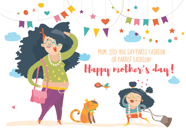 Happy Mother's Day postcard with funny Mom and daughter Postcard Modelo de Design