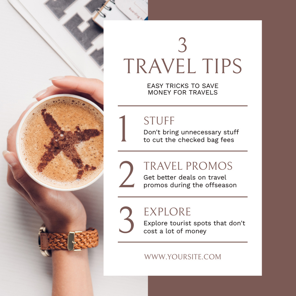 Travel Tips with Cup of Coffee Instagram Šablona návrhu