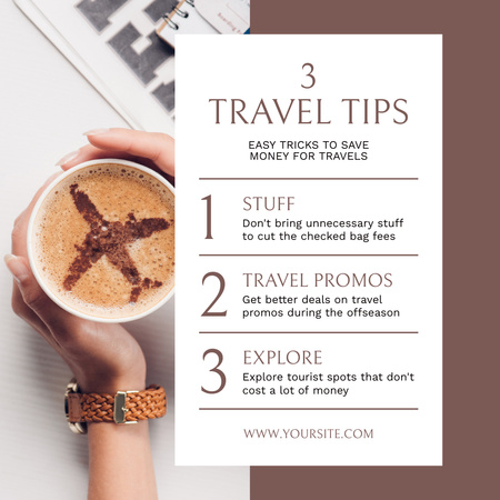 Travel Tips with Cup of Coffee Instagram Design Template