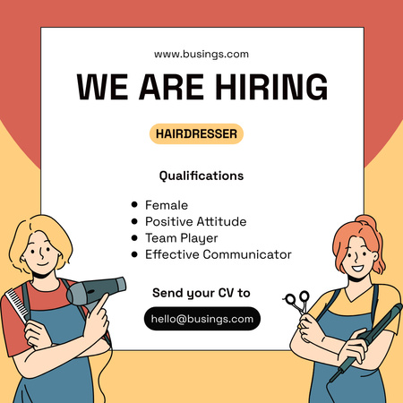 Announcement of Search for Employees with Hairdresser And List Of Qualifications Instagram Design Template