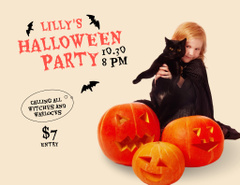 Bone-chilling Halloween Party with Child and Cute Cat