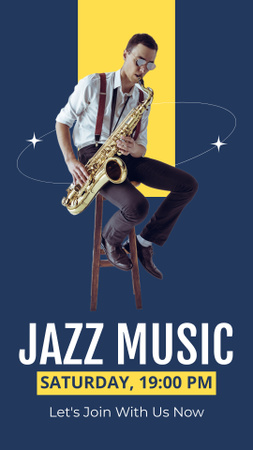 Jazz Party Announcement with Saxophonist on Blue Instagram Story Design Template