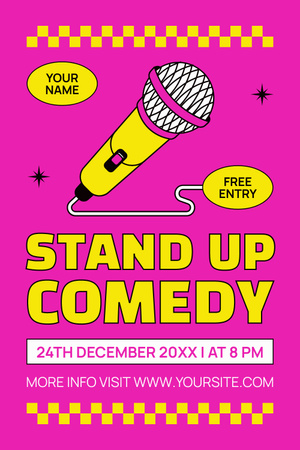 Anúncio de evento de comédia stand-up com ilustração de microfone rosa Pinterest Modelo de Design