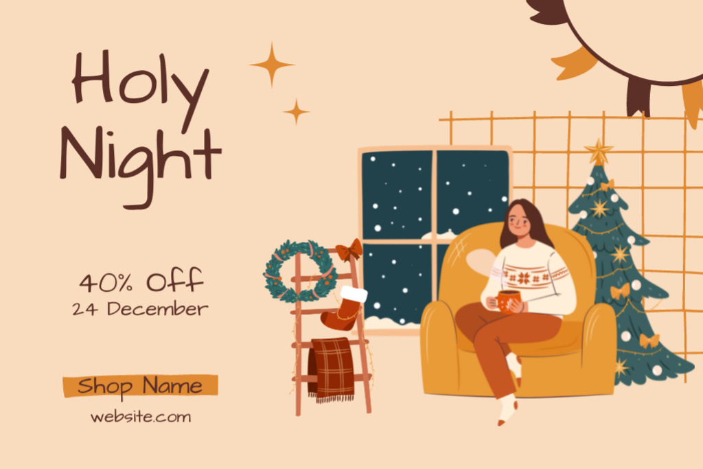 Christmas Holy Night Sale Offer With Festive Interior Postcard 4x6in Šablona návrhu
