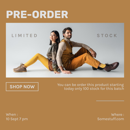 Fashion Pre-Order Product Offer with Couple Posing on Floor Instagram Tasarım Şablonu
