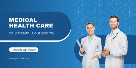 Medical Healthcare Ad with Friendly Doctors Twitter Design Template