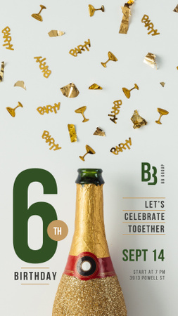 Plantilla de diseño de cumpleaños saludo champán botella y confetti Instagram Story 