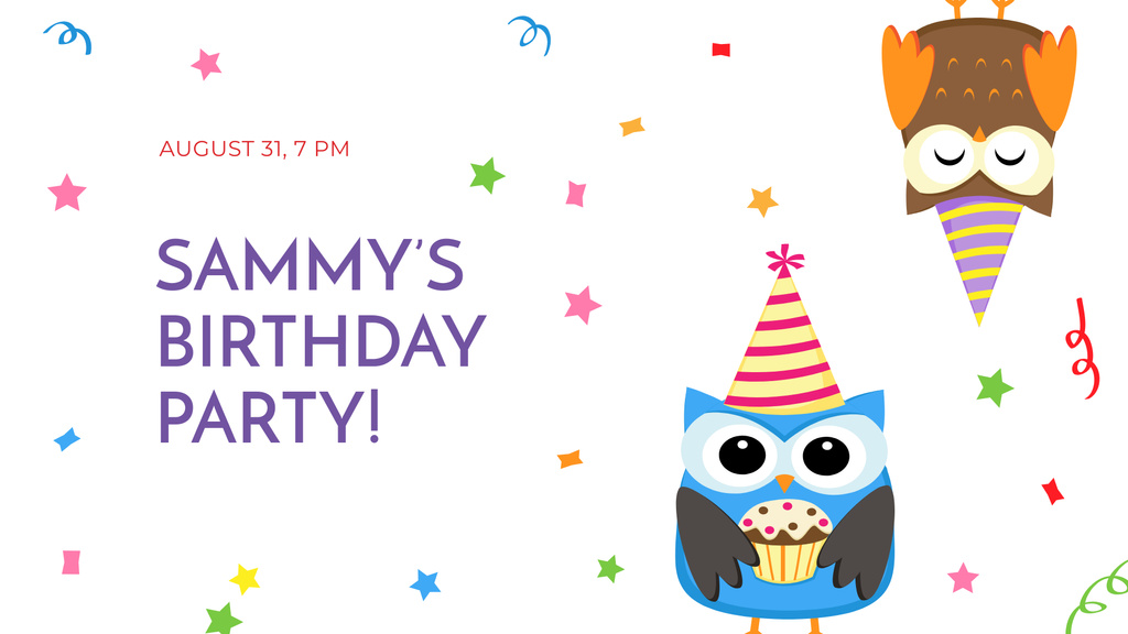 Birthday Party Announcement with Cute Owls FB event cover Design Template