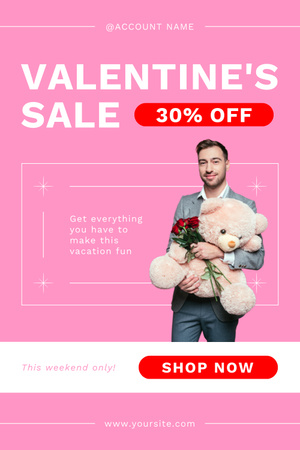 Ontwerpsjabloon van Pinterest van Valentijnsdaguitverkoop met schattige man met teddybeer