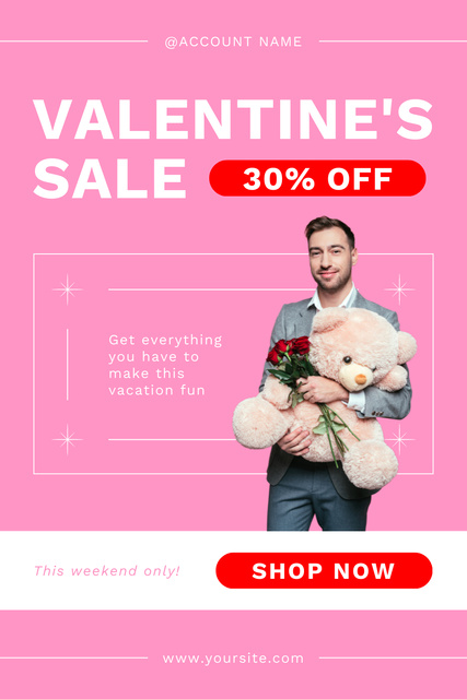 Platilla de diseño Valentine's Day Sale with Cute Man with Teddy Bear Pinterest