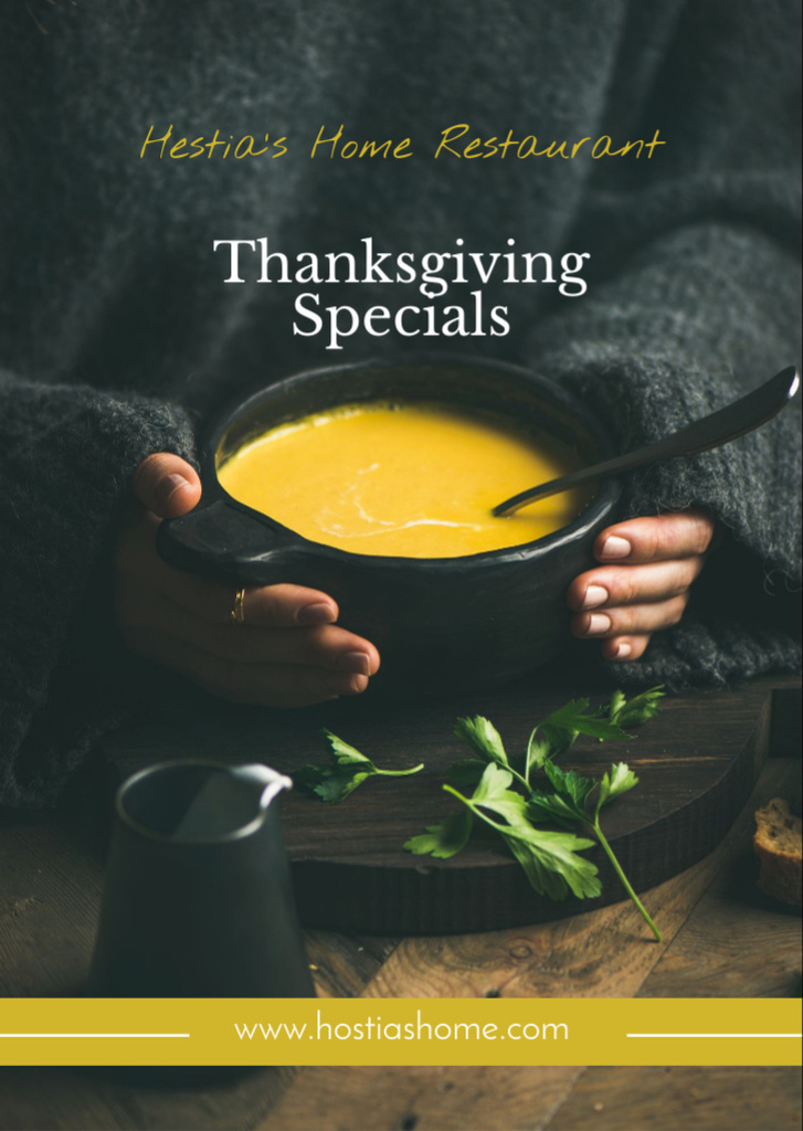 Thanksgiving Specials Announcement with Vegetable Soup in Bowl Flyer A6 tervezősablon