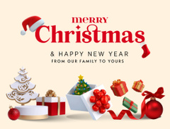 Christmas and New Year Greetings with Presents and Holiday Ribbons
