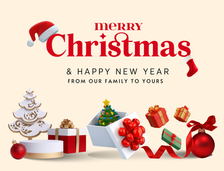 Template di design Auguri di Natale e Capodanno con regali e nastri natalizi Postcard 4.2x5.5in