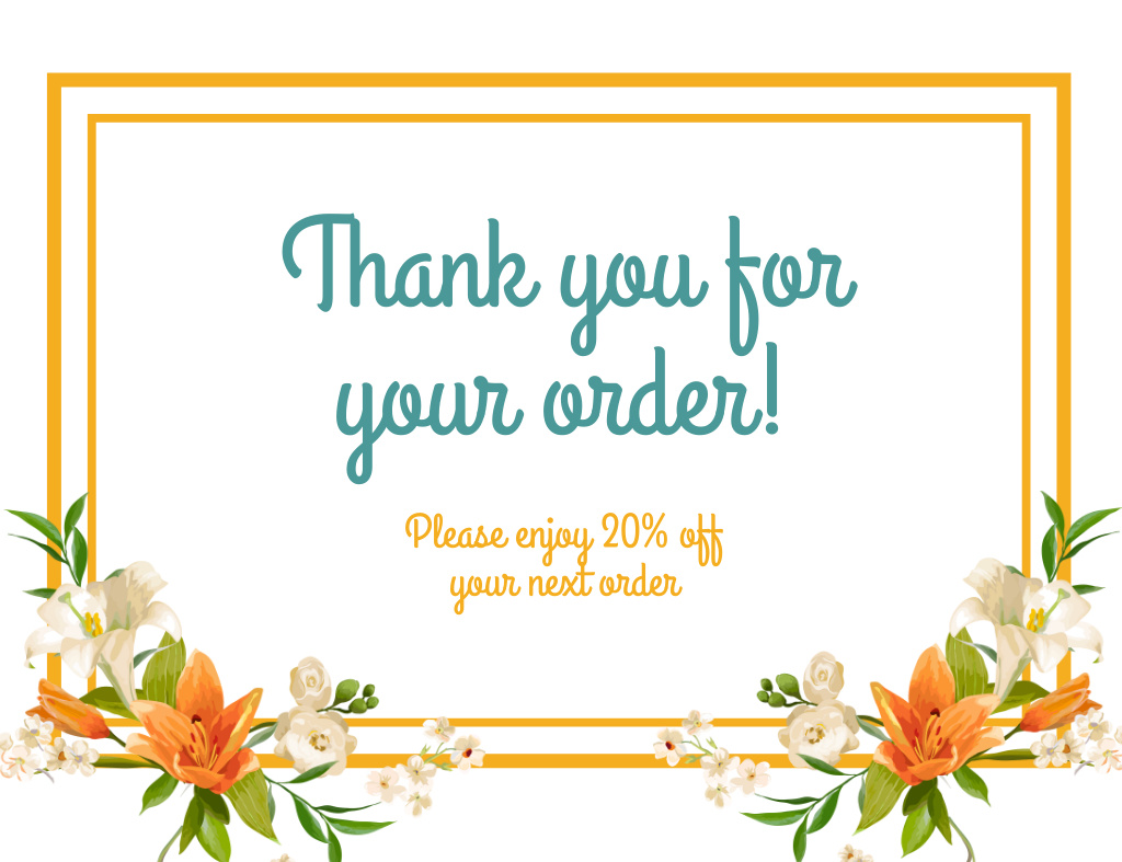 Message of Thanking For Order with Flowers Thank You Card 5.5x4in Horizontal Design Template