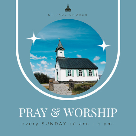 Worship Service Announcement with Small Church on Blue Instagram Design Template
