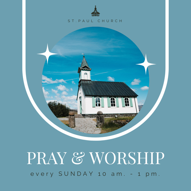 Worship Service Announcement with Small Church on Blue Instagram Πρότυπο σχεδίασης