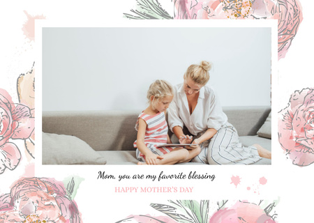 Happy Mother's Day with Cute Mom and Daughter Postcard Design Template