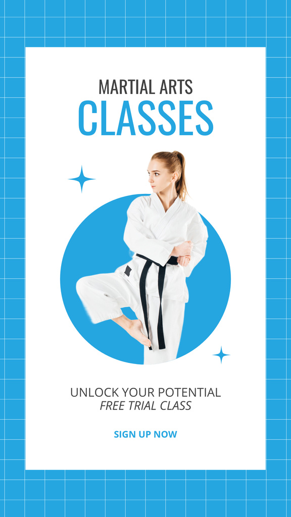 Martial Arts Classes Ad with Girl in Kimono Instagram Story Modelo de Design