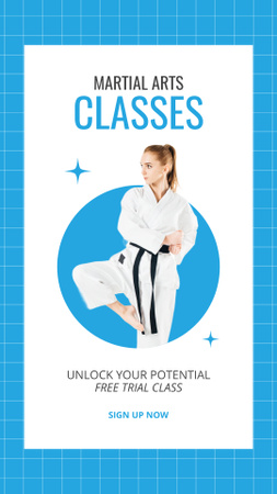 Plantilla de diseño de Anuncio de clases de artes marciales con chica en kimono Instagram Story 