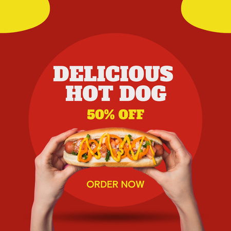 Delicious Hot Dog Sprinkled With Mustard At Half Price Instagram Design Template