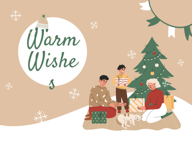 Christmas and New Year Wishes Happy Family Illustration Postcard 4.2x5.5in Design Template