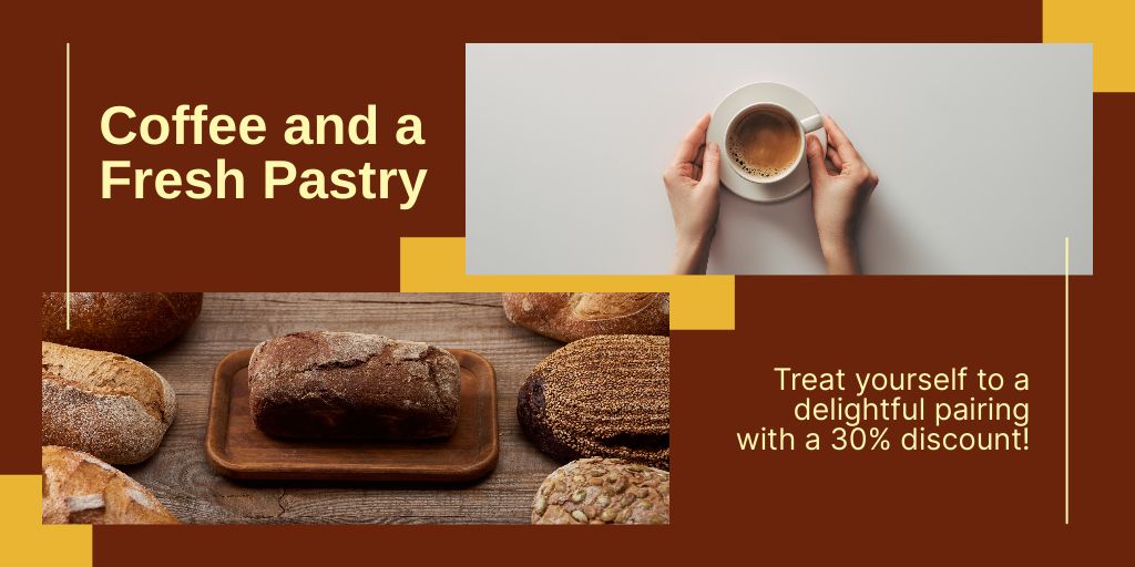 Plantilla de diseño de Mellow Coffee In Cup And Crispy Pastry With Discounts Twitter 
