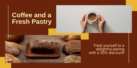 Mellow Coffee In Cup And Crispy Pastry With Discounts Twitter Design Template