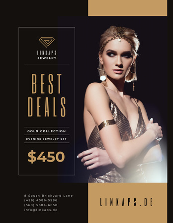 Jewelry Sale with Woman in Golden Accessories Poster 8.5x11in Design Template