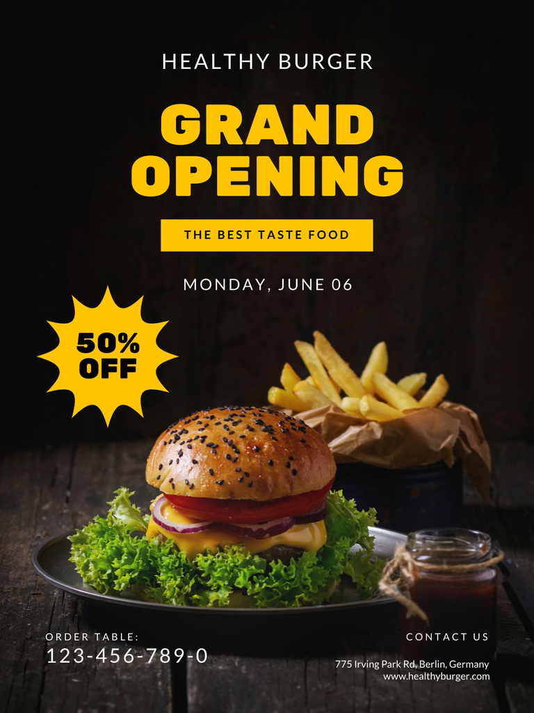 Restaurant Opening Announcement with Delicious Burger Poster US Tasarım Şablonu