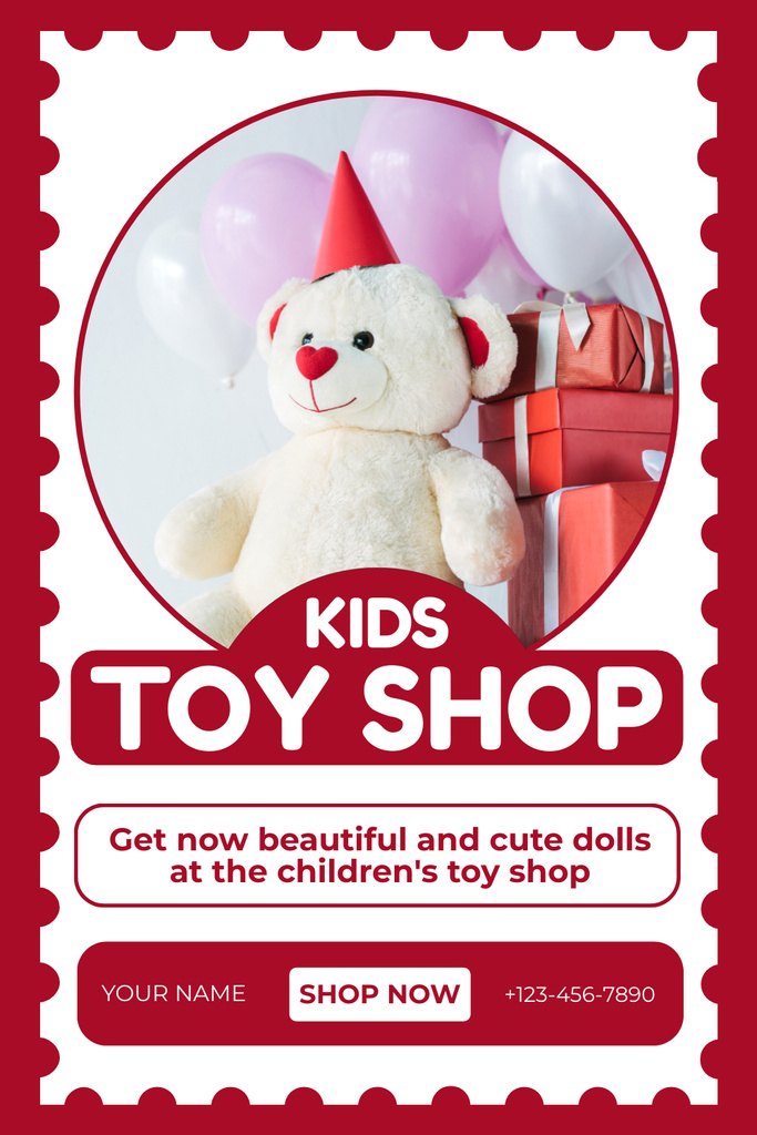 Child Toys Shop Offer with White Teddy Bear Pinterest Design Template