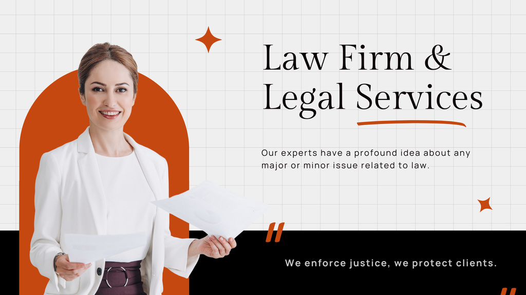 Law Firm Ad with Woman Lawyer Title 1680x945pxデザインテンプレート